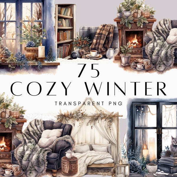 75 Aquarell Cosy Winter Clipart Bundle, Decke Clipart, Cosy Clipart, Cottagecore Clipart, Reading, Kaffee Clipart, Winter Clip Art