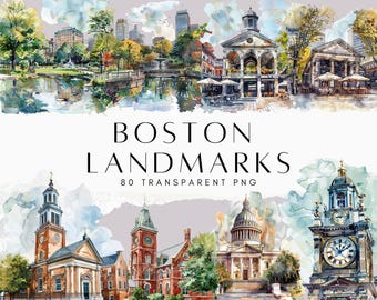 May include: Watercolor illustrations of Boston landmarks, including the Old State House, the Boston Public Garden, and the Old North Church. The illustrations are in a painterly style with soft colors and a whimsical feel. The text "BOSTON LANDMARKS 80 TRANSPARENT PNG" is at the bottom of the image.