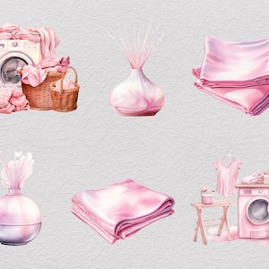 May include: A watercolor illustration of laundry room items, including a washing machine, a basket of folded clothes, a bottle of pink laundry detergent, a pink vase with a sprig of flowers, and a stack of pink towels.