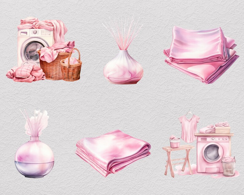 May include: A watercolor illustration of laundry room items, including a washing machine, a basket of folded clothes, a bottle of pink laundry detergent, a pink vase with a sprig of flowers, and a stack of pink towels.