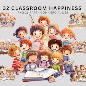Clipart de felicidade em sala de aula, pacote PNG de clipart escolar, clipart transparente para atividades infantis, licença comercial, PNG de jardim de infância, classe