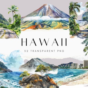 Hawaii Clipart, Watercolour City Clipart Bundle, Around the World Clipart, Landmark Clipart, Destination PNG, Beach PNG, Sunny Hawaii PNG