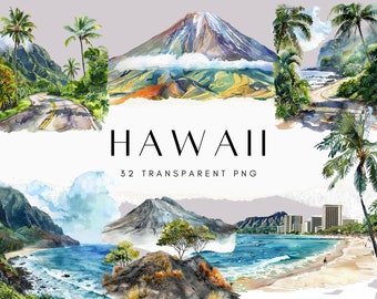 Hawaii Clipart Bundle, Watercolour Tropical PNG, Diamond Head, Waikiki Beach, Hula, Surfing, Hawaiian Aloha Landmark Digital Download