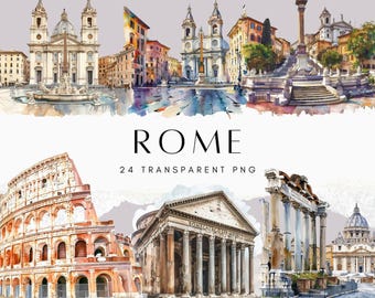 24 Rom-Cliparts im Aquarell-PNG-Format: Kolosseum, Forum Romanum, Trevi-Brunnen, italienische Wahrzeichen (Cliparts), digitaler Download