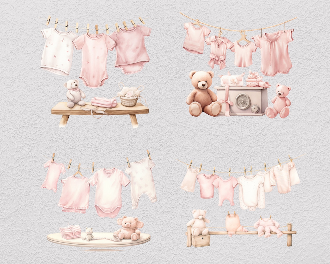 Baby Girl Clothes Line Clipart Bundle, Invitation Decor, Wall Decor