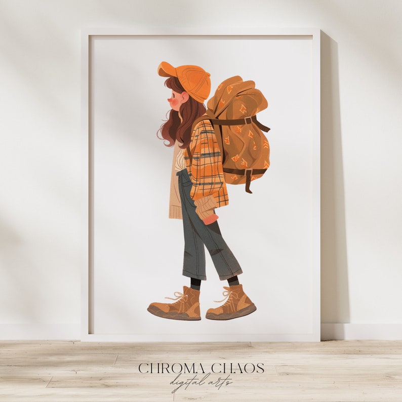 K&ouml;nnte beinhalten: Eine digitale Illustration einer Person, die ein kariertes Hemd, Jeans und einen braunen Rucksack tr&auml;gt. Die Person tr&auml;gt einen braunen Hut und hat lange braune Haare. Der Hintergrund ist wei&szlig;.
