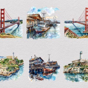 May include: A collection of six watercolor illustrations featuring the Golden Gate Bridge, fishing boats docked at a wooden pier, and a lighthouse on a rocky island. The artwork displays vibrant blue water, red bridge structures, and brown buildings.