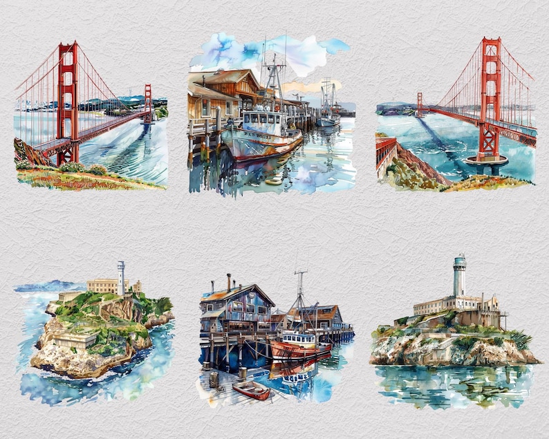 May include: A collection of six watercolor illustrations featuring the Golden Gate Bridge, fishing boats docked at a wooden pier, and a lighthouse on a rocky island. The artwork displays vibrant blue water, red bridge structures, and brown buildings.