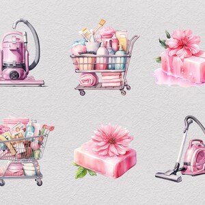 May include: A set of pink and white themed cleaning supplies, including two vacuum cleaners, two shopping carts filled with cleaning products, and two bars of soap with pink flowers.