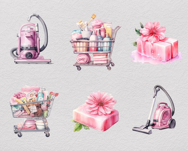 May include: A set of pink and white themed cleaning supplies, including two vacuum cleaners, two shopping carts filled with cleaning products, and two bars of soap with pink flowers.