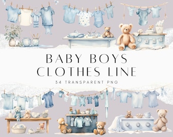 Baby Boy Clothes Line Clipart Bundle, Invitation Decor, Wall Decor, Nursery Decor PNG, Baby Room Clipart, Digital Sticker by ChromaChaos