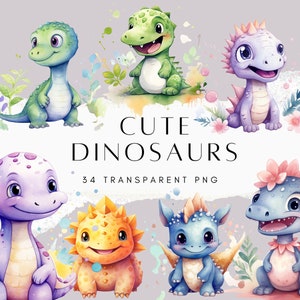 Watercolour Cute Dinosaurs Clipart PNG Bundle, Cute Dino PNG, Transparent Clip Art for Kids Activity, Digital Download, Commercial License