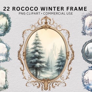 May include: A collection of 22 Rococo Winter Frame PNG clipart images. The frames feature winter landscape scenes with snow-covered trees and castles. The frames have ornate gold and blue designs, perfect for digital art projects.