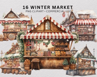16 vintermarknad clipart-paket, julmarknadsstånd PNG, festlig by clipart, digital nedladdning