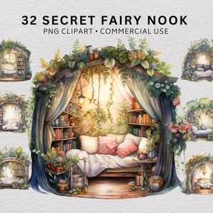 Secret Fairy Nook Clipart, Bücher Clipart, Cosy Clipart, Vintage Braun Stapel Bücher, Cottagecore Clipart, Reading, Bücherwurm