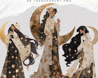 40 Moon Goddess clipart bundle, Queen of Halloween, vintage witch, vintage illustration, scrapbooking, folk art, chic, cottagecore