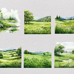 Pu&ograve; includere: Sei acquerelli che raffigurano diversi paesaggi verdi con colline, alberi e un fiume. I dipinti sono tutti in uno stile simile e presentano un'estetica morbida e sognante.