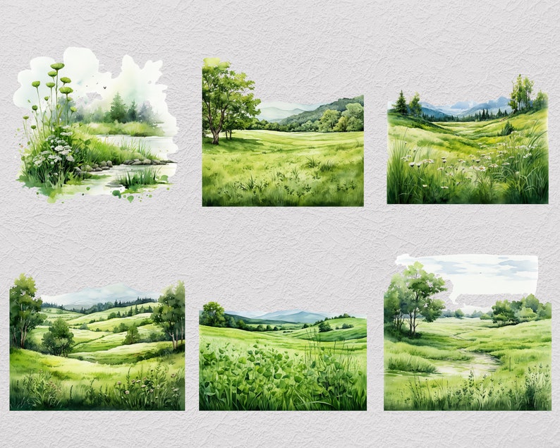 Pu&ograve; includere: Sei acquerelli che raffigurano diversi paesaggi verdi con colline, alberi e un fiume. I dipinti sono tutti in uno stile simile e presentano un'estetica morbida e sognante.