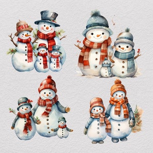 Pu&ograve; includere: Una collezione di quattro illustrazioni in stile acquerello raffiguranti gruppi di pupazzi di neve che indossano cappelli e sciarpe. I pupazzi di neve hanno nasi a carota arancioni, occhi simili a carbone e bottoni sui corpi di varie dimensioni.