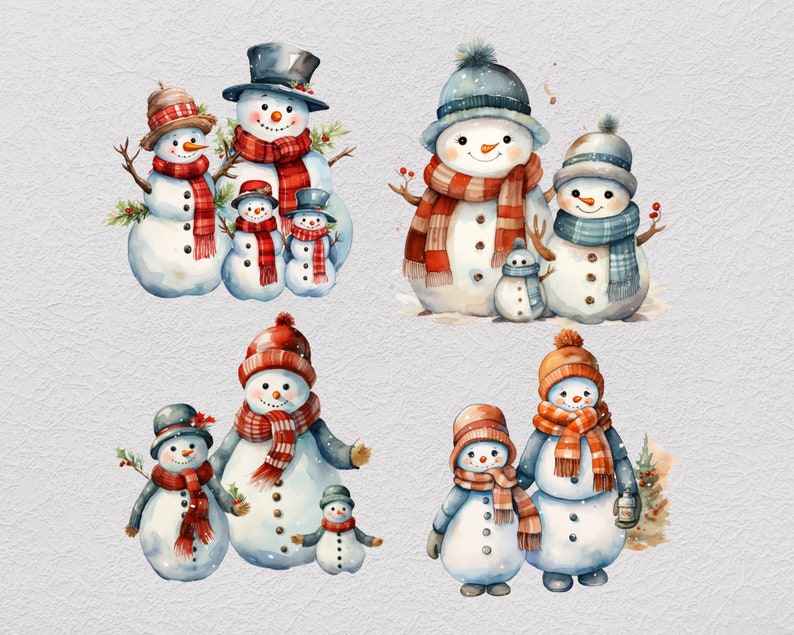 Pu&ograve; includere: Una collezione di quattro illustrazioni in stile acquerello raffiguranti gruppi di pupazzi di neve che indossano cappelli e sciarpe. I pupazzi di neve hanno nasi a carota arancioni, occhi simili a carbone e bottoni sui corpi di varie dimensioni.