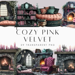 Gemütliche rosa Samt Winter Clipart Bundle, Decke Clipart, gemütliche Clipart, Cottagecore Clipart, Lesung, Kaffee Clipart, Winter Clip Art