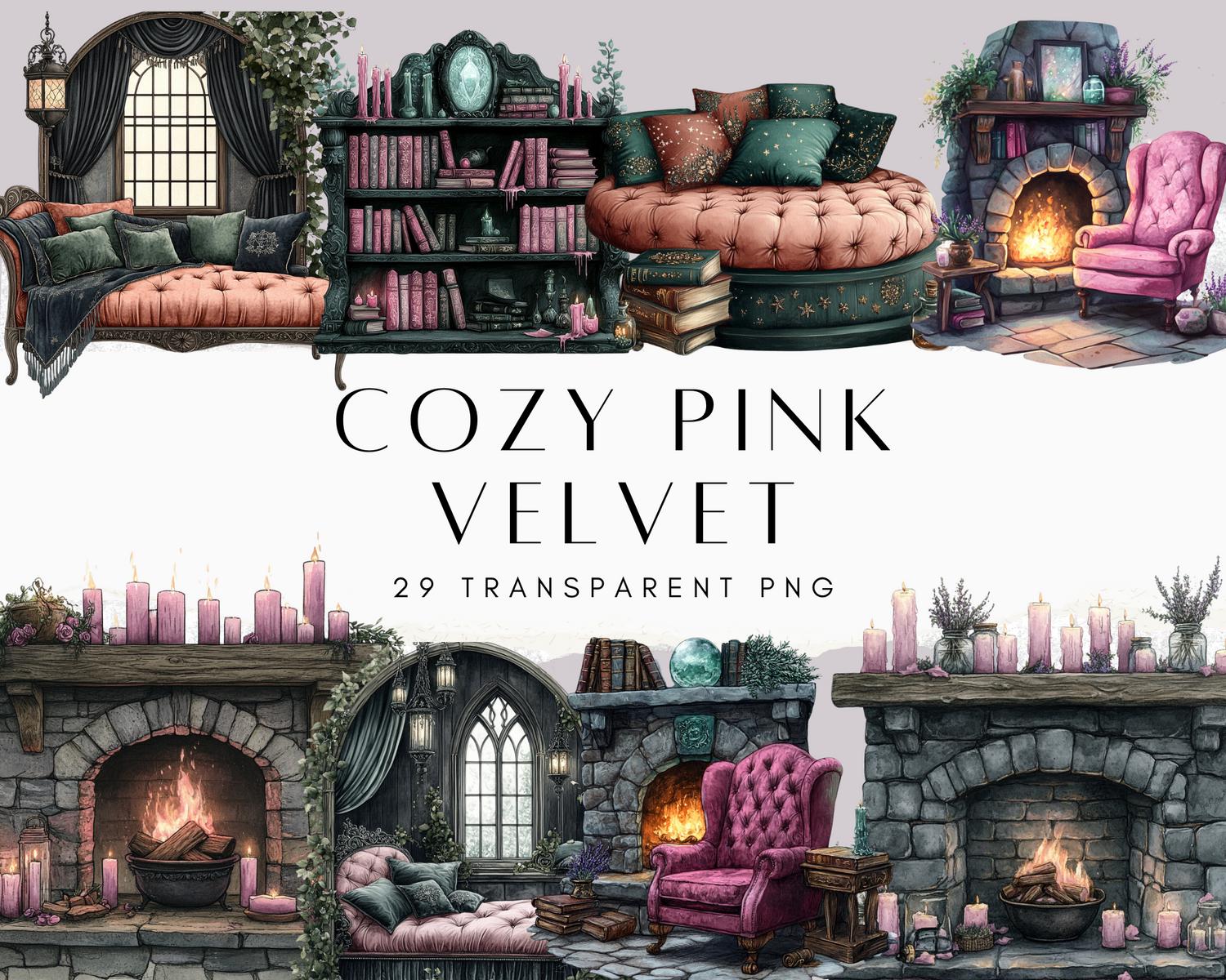 Cozy Pink Velvet Winter Clipart Bundle, Blanket Clipart, Cozy Clipart, Cottagecore Clipart, Reading, Coffee Clipart, Winter Clip Art