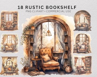18 Rustic Bookshelf Clipart Bundle, Cozy Reading Nook PNG, Vintage Library Clip Art, Digital Download