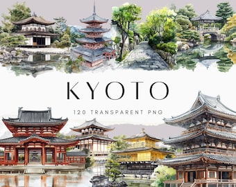 Kyoto Clipart Bundle, Watercolour Japan City PNG, Fushimi Inari, Kinkaku-ji, Temple, Japanese Landmark Clip Art Digital Download