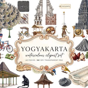 May include: A collection of watercolor illustrations featuring Yogyakarta landmarks, a pedicab, a monkey, traditional food, a volcano, and architectural elements, centered around a decorative frame with the text YOGYAKARTA watercolour clipart set.