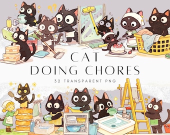 32 Cat Doing Chores Clipart Bundle, Watercolour Funny Kitten Housework PNG, Cleaning Cooking Laundry Cat, Planner Sticker Digital Download