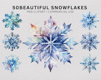 Paquete de 50 hermosas imágenes prediseñadas de copos de nieve, nieve invernal en acuarela PNG, delicados cristales de escarcha, descarga digital para diario creativo.