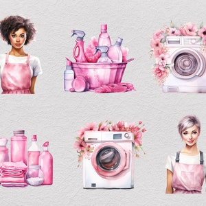 May include: Two women wearing pink aprons, one with curly brown hair and the other with short blonde hair.  A pink bucket with cleaning supplies, a white washing machine with pink flowers, and a pile of pink cleaning supplies.