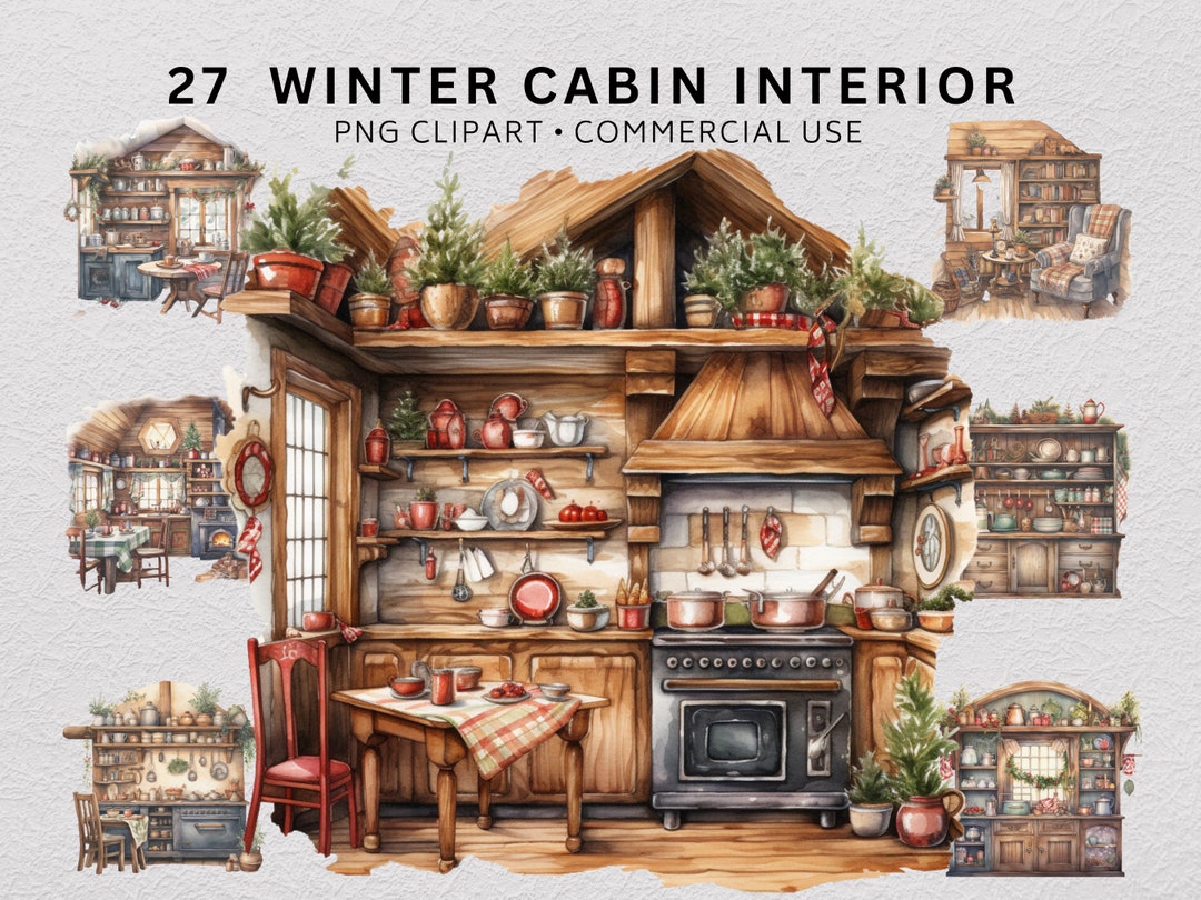 Winter Cabin Interior Clipart Bundle, Interior Clipart, Cozy Cabin ...