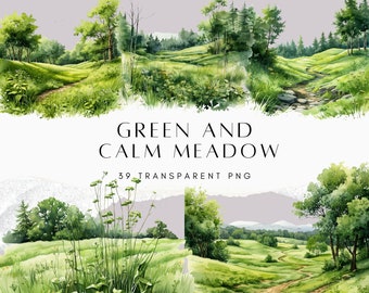 Green Meadow PNG, Calm Meadow Clipart Bundle, Transparent PNG, Beautiful Watercolor Meadow Clip Art, Camping Clip Art, Digital Stickers