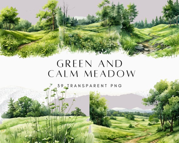39 Green Meadow Clipart Bundle, Watercolour Nature Landscape PNG, Rolling Hills Wildflower Fields, Cottagecore Junk Journal Digital Download