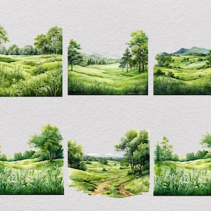 Pu&ograve; includere: Sei acquerelli di paesaggi verdi con colline, alberi ed erba. I dipinti sono tutti in uno stile simile e presentano un'estetica morbida e sognante.