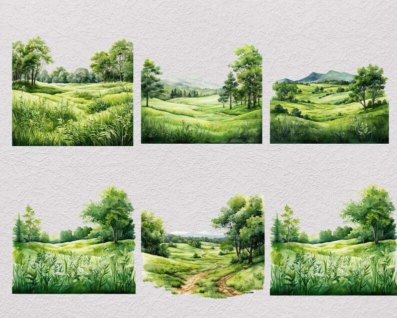 Pu&ograve; includere: Sei acquerelli di paesaggi verdi con colline, alberi ed erba. I dipinti sono tutti in uno stile simile e presentano un'estetica morbida e sognante.