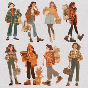 K&ouml;nnte beinhalten: Illustration von zehn Frauen, die verschiedene Outfits tragen und verschiedene Accessoires tragen. Die Frauen tragen eine Vielzahl von Stilen, darunter karierte Hemden, Pullover und Kleider. Sie tragen Rucks&auml;cke, Handtaschen und andere Gegenst&auml;nde. Die Illustration ist vor einem hellgrauen Hintergrund platziert.