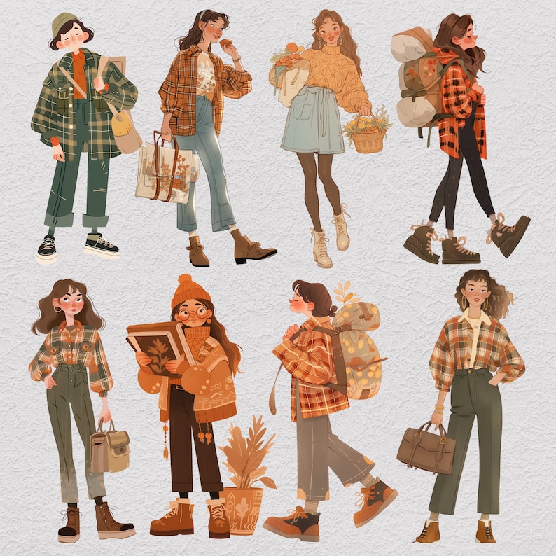 K&ouml;nnte beinhalten: Illustration von zehn Frauen, die verschiedene Outfits tragen und verschiedene Accessoires tragen. Die Frauen tragen eine Vielzahl von Stilen, darunter karierte Hemden, Pullover und Kleider. Sie tragen Rucks&auml;cke, Handtaschen und andere Gegenst&auml;nde. Die Illustration ist vor einem hellgrauen Hintergrund platziert.