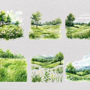 Pu&ograve; includere: Sei acquerelli che raffigurano diversi paesaggi verdi con colline, alberi e fiori. I dipinti sono su uno sfondo grigio chiaro.