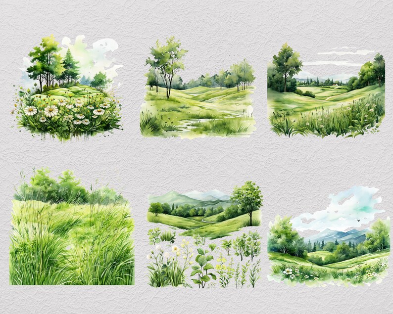 Pu&ograve; includere: Sei acquerelli che raffigurano diversi paesaggi verdi con colline, alberi e fiori. I dipinti sono su uno sfondo grigio chiaro.
