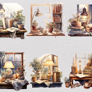 37 Vinterstudie Clipart Bundle, Akvarell Mysig Läsning PNG, Snöig Fönster Skrivbordsscen, Dark Academia Cottagecore, Digital Nedladdning bild 6
