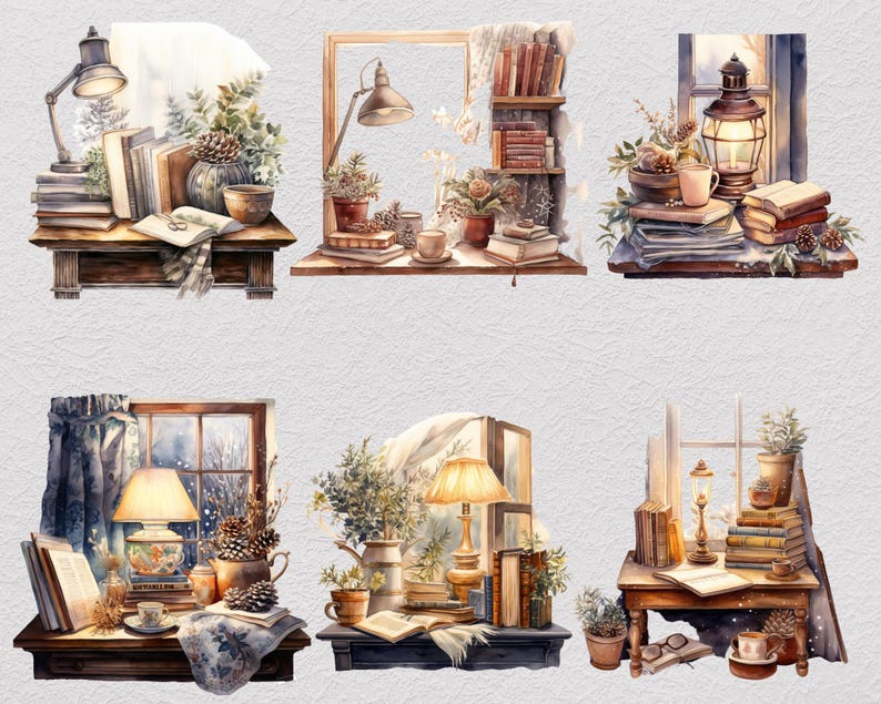 37 Vinterstudie Clipart Bundle, Akvarell Mysig Läsning PNG, Snöig Fönster Skrivbordsscen, Dark Academia Cottagecore, Digital Nedladdning bild 6