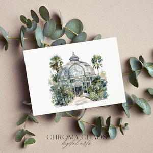 May include: A rectangular white card featuring a watercolor illustration of a glass conservatory surrounded by lush green palm trees and foliage. The text CHROMA CHAOS digital arts is printed in black at the bottom center of the card.
