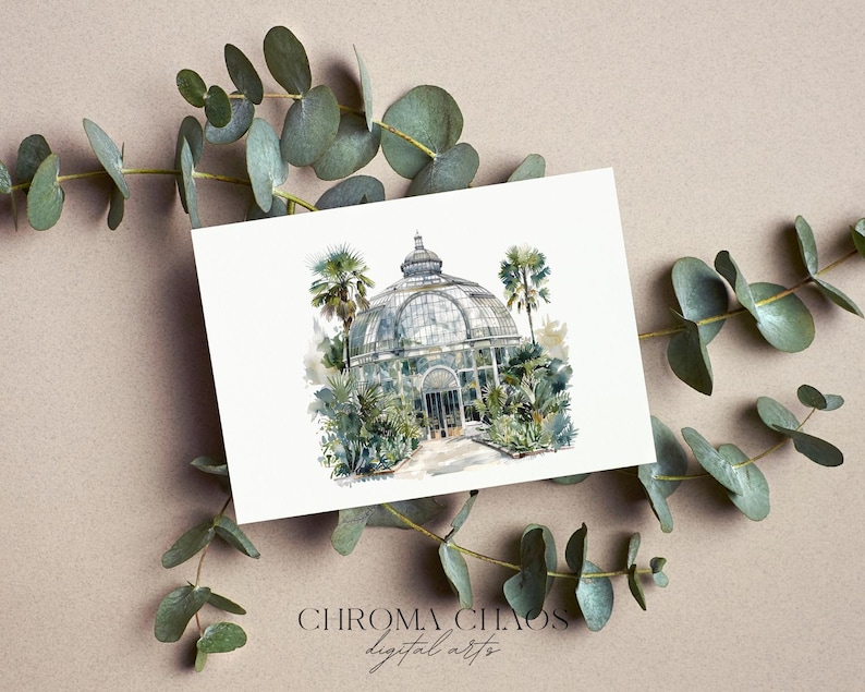 May include: A rectangular white card featuring a watercolor illustration of a glass conservatory surrounded by lush green palm trees and foliage. The text CHROMA CHAOS digital arts is printed in black at the bottom center of the card.