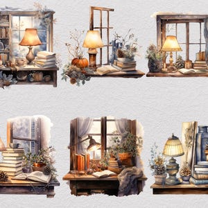 37 Vinterstudie Clipart Bundle, Akvarell Mysig Läsning PNG, Snöig Fönster Skrivbordsscen, Dark Academia Cottagecore, Digital Nedladdning bild 5