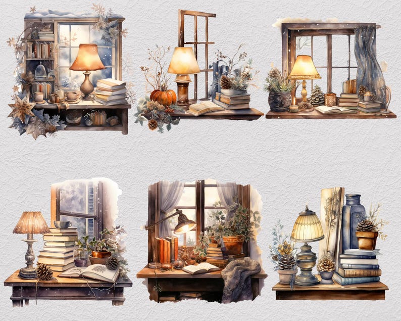 37 Vinterstudie Clipart Bundle, Akvarell Mysig Läsning PNG, Snöig Fönster Skrivbordsscen, Dark Academia Cottagecore, Digital Nedladdning bild 5