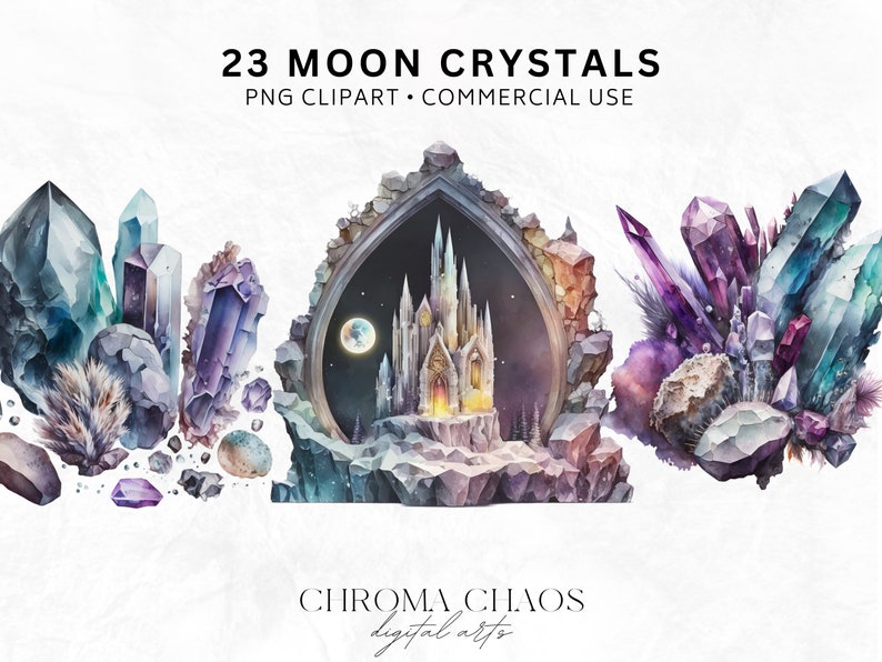 23 Moon Crystals Clip Art, Transparent PNG, Beautiful Witchy Watercolor ...