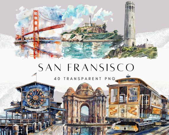 San Fransisco Clipart, Watercolour City Clipart Bundle, Around the World Clipart, Landmark Clipart, Destination, Hollywood PNG, Broadway PNG