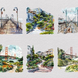 May include: A collection of six watercolor illustrations depicting San Francisco landmarks, including wooden piers, the winding Lombard Street, and the Golden Gate Bridge, featuring vibrant green foliage, blue skies, and detailed architectural elements.